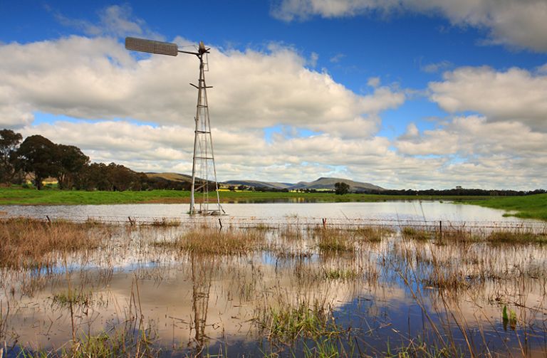 Flooded landscape showing top of fenceline with blue sky and clouds overhead