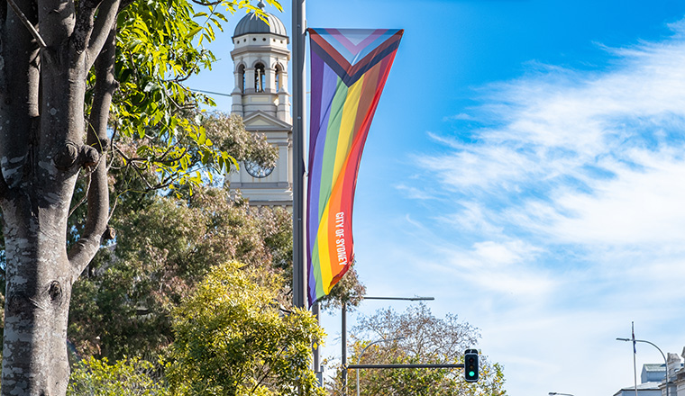 Oxford Street City of Sydney rainbow street sail blue sky and trees