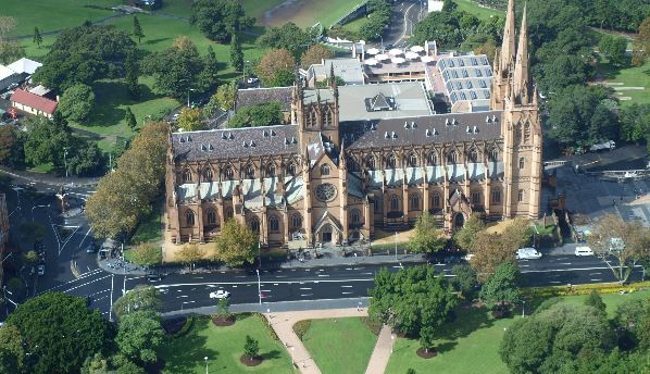 Birds eye view of St Mary’s Cathedral heritage and green park area with road