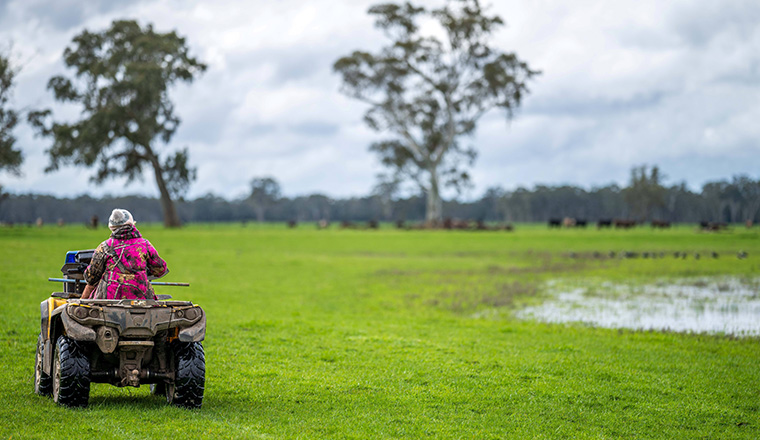 Farmer on quad bike in farm area