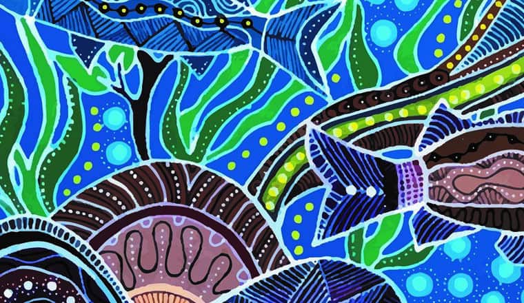 Image/artwork taken from Bindarray Maagun (River Feast) by Gumbaynggirr artist Lavinnia Inglis