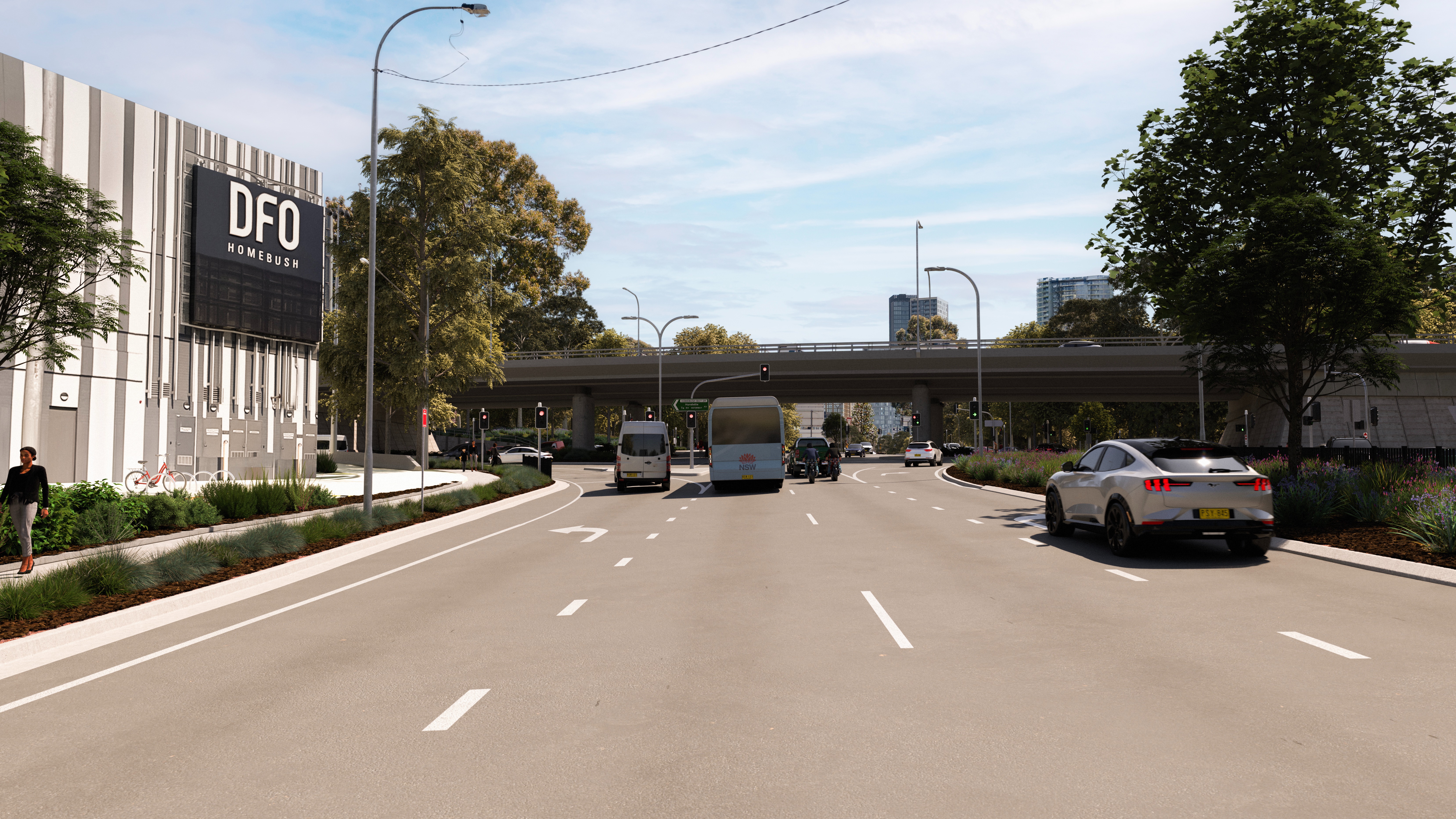 Cars driving along Homebush Bay Drive and Australia Avenue