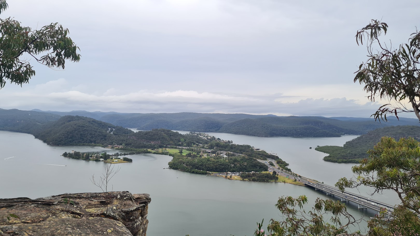 Elevated view from Muoggamurra Reserve looking over the Hawkesbury River including the M1 motorway heading north.