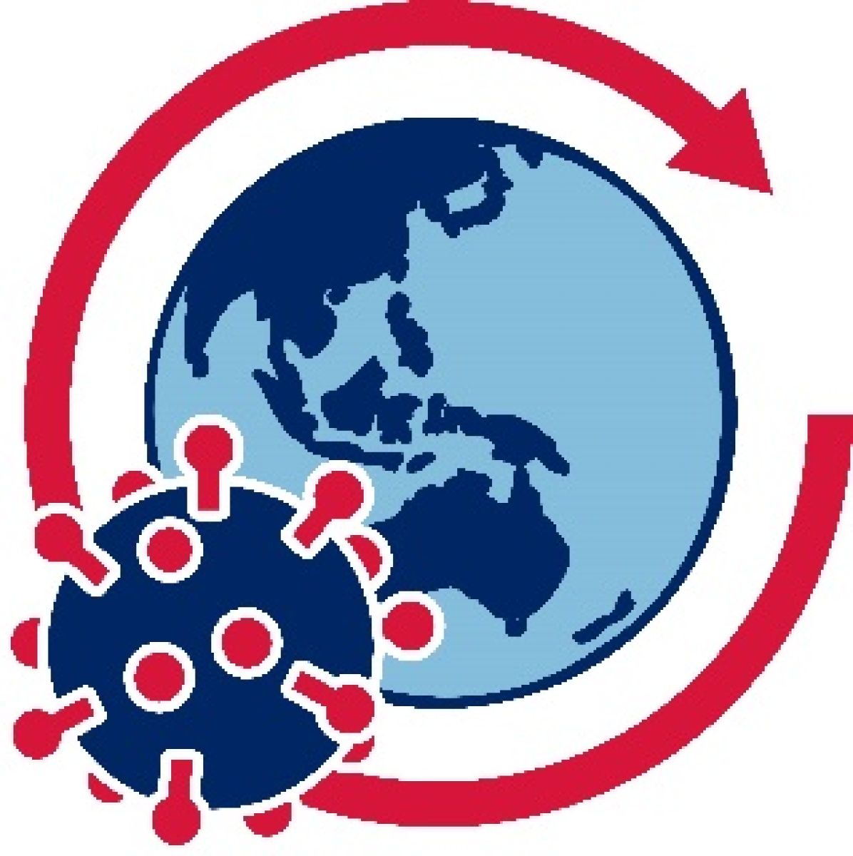 A map of the Earth with an arrow curving around it. There is a COVID-19 icon on the arrow.