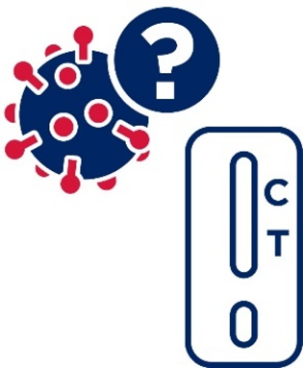 A rapid antigen test, COVID-19 icon and a question mark.