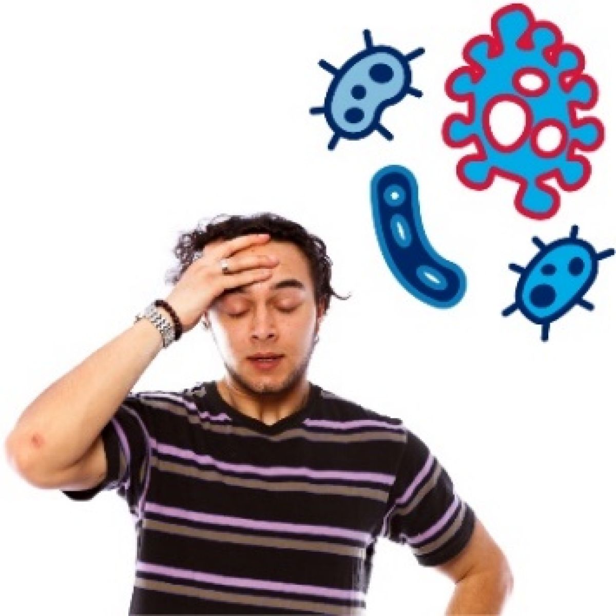 A man looking unwell with virus icons