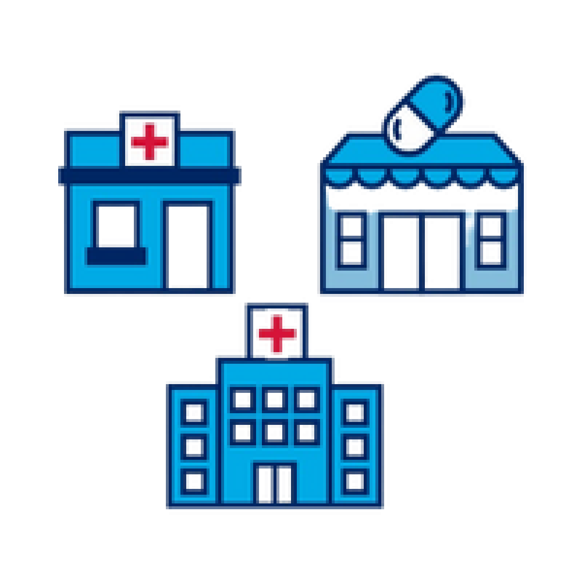 Clinic and hospital icons to symbolise staying safe from COVID-19