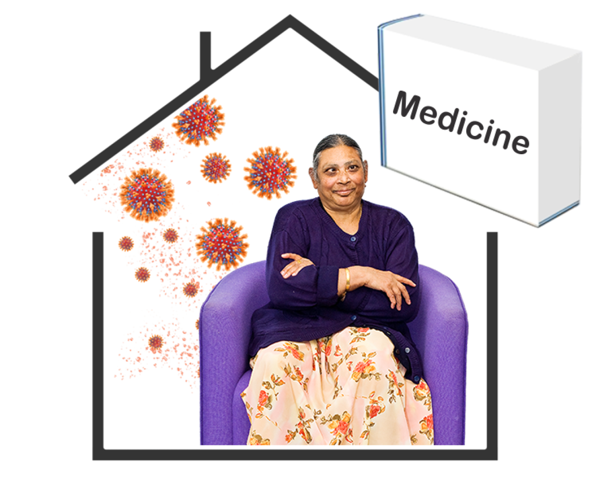 woman seated in chair with image inset of box of medicine