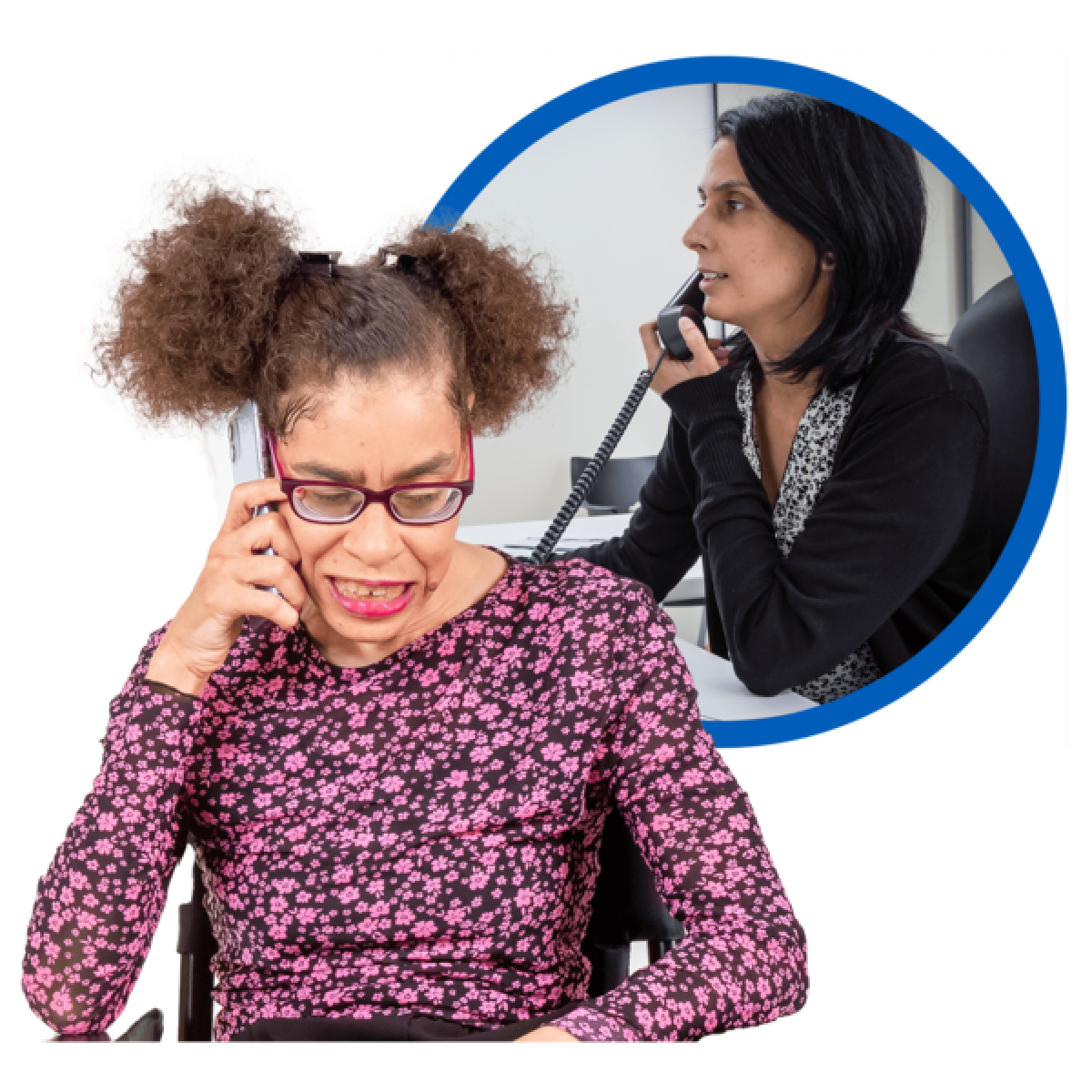 woman on telephone speakng to another woman shown inset