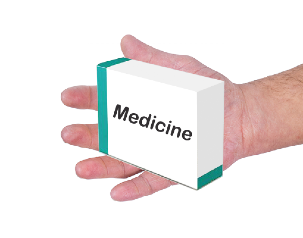 hand holding a box with the word medicine on it