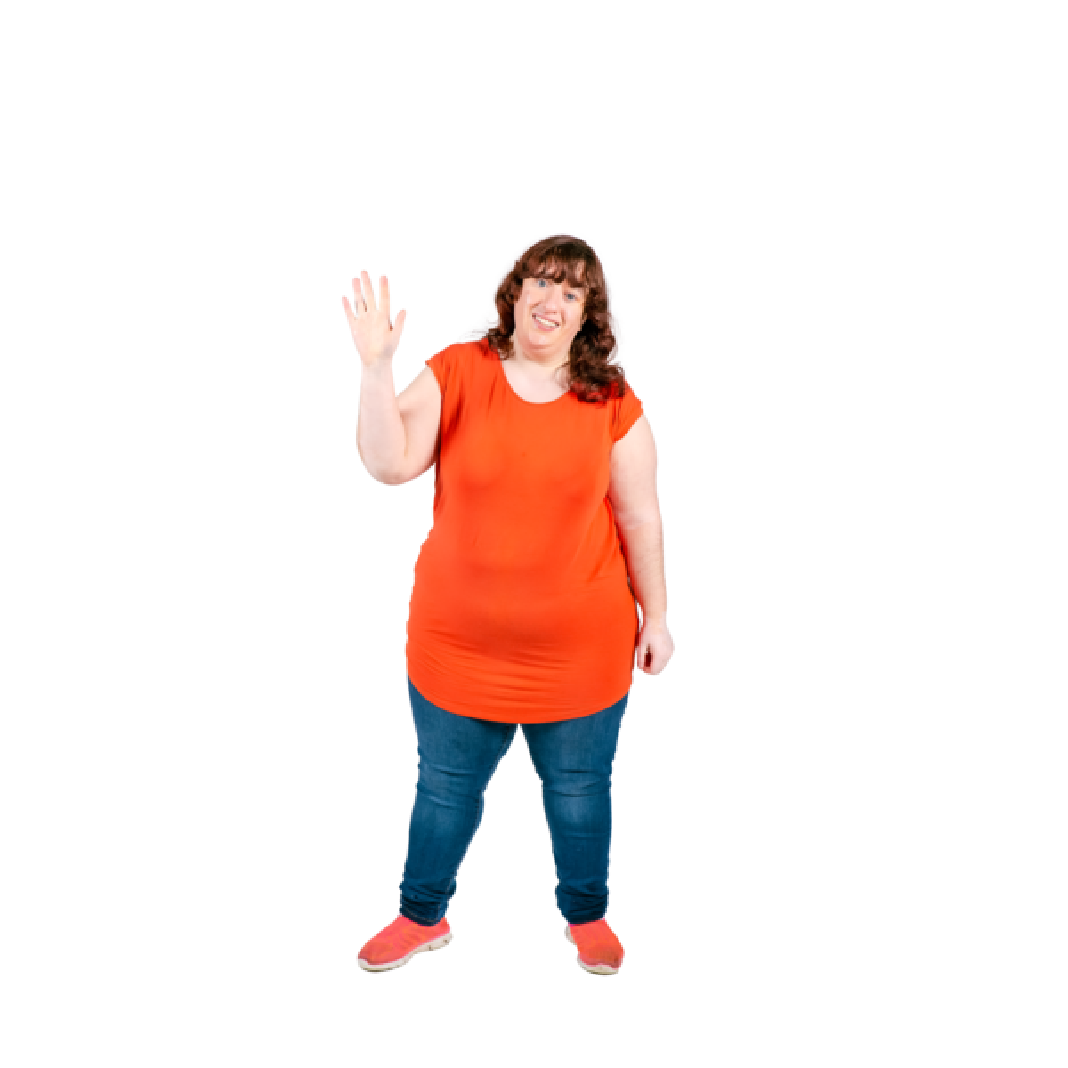 woman wearing orange shirt and jeans waving