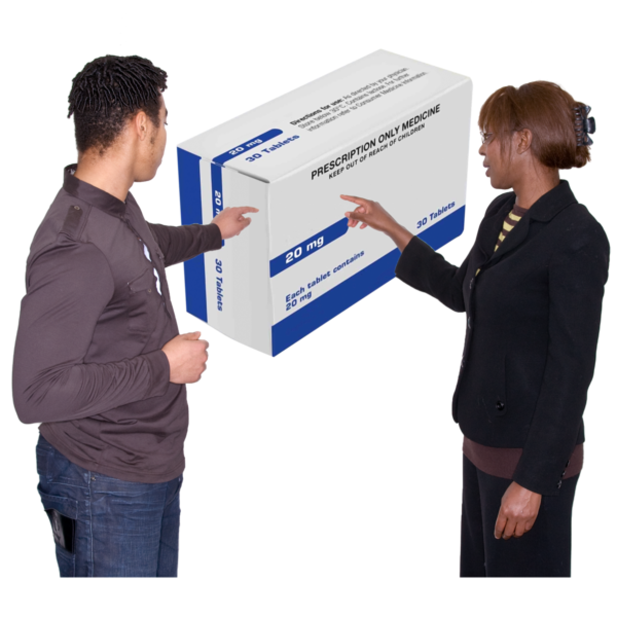 woman and man pointing to medicines box