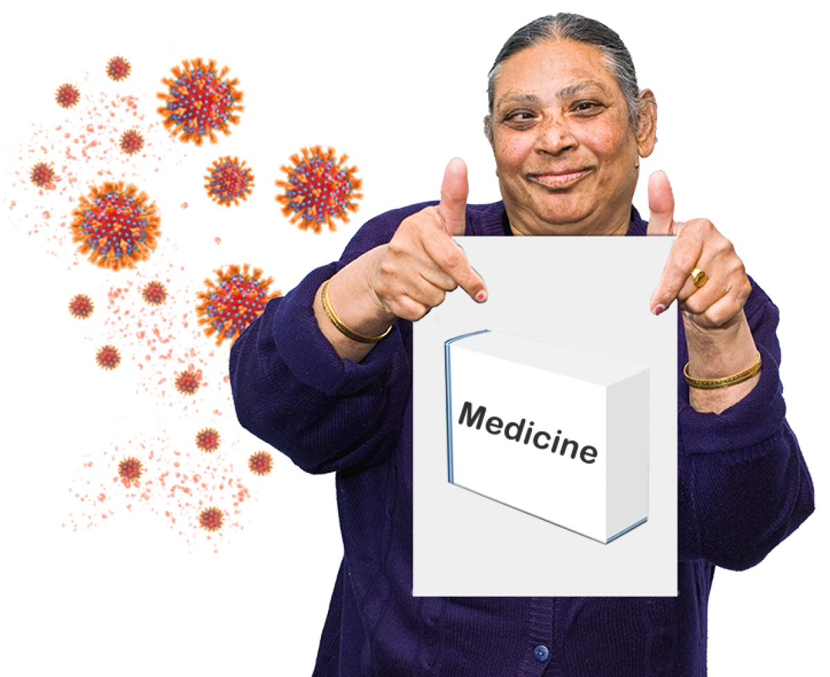 woman holding poster of a box of medicine