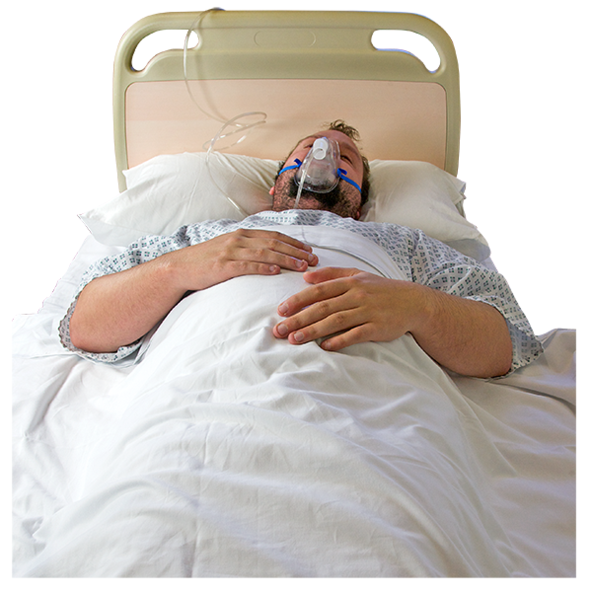 man in hospital bed wearing oxygen mask