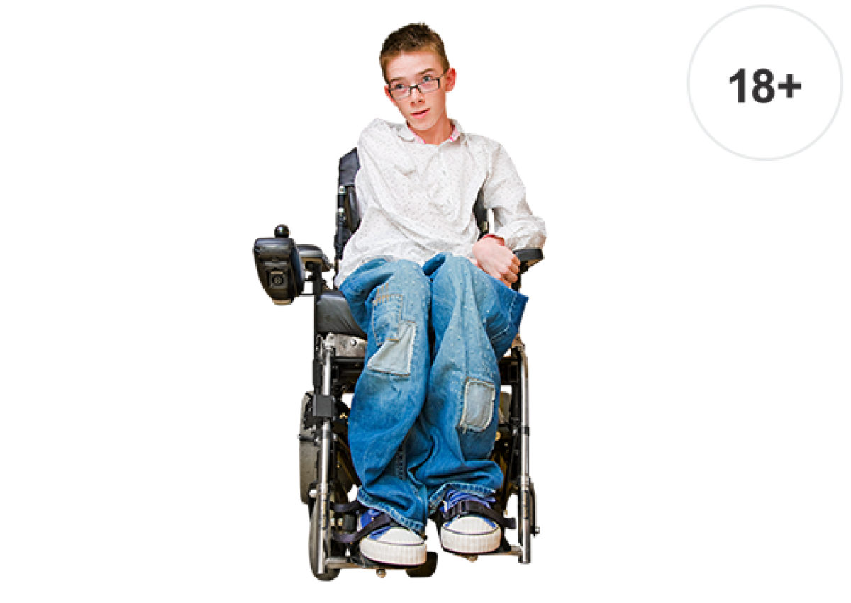 young man seated in wheelchair with age indicated as 18 plus