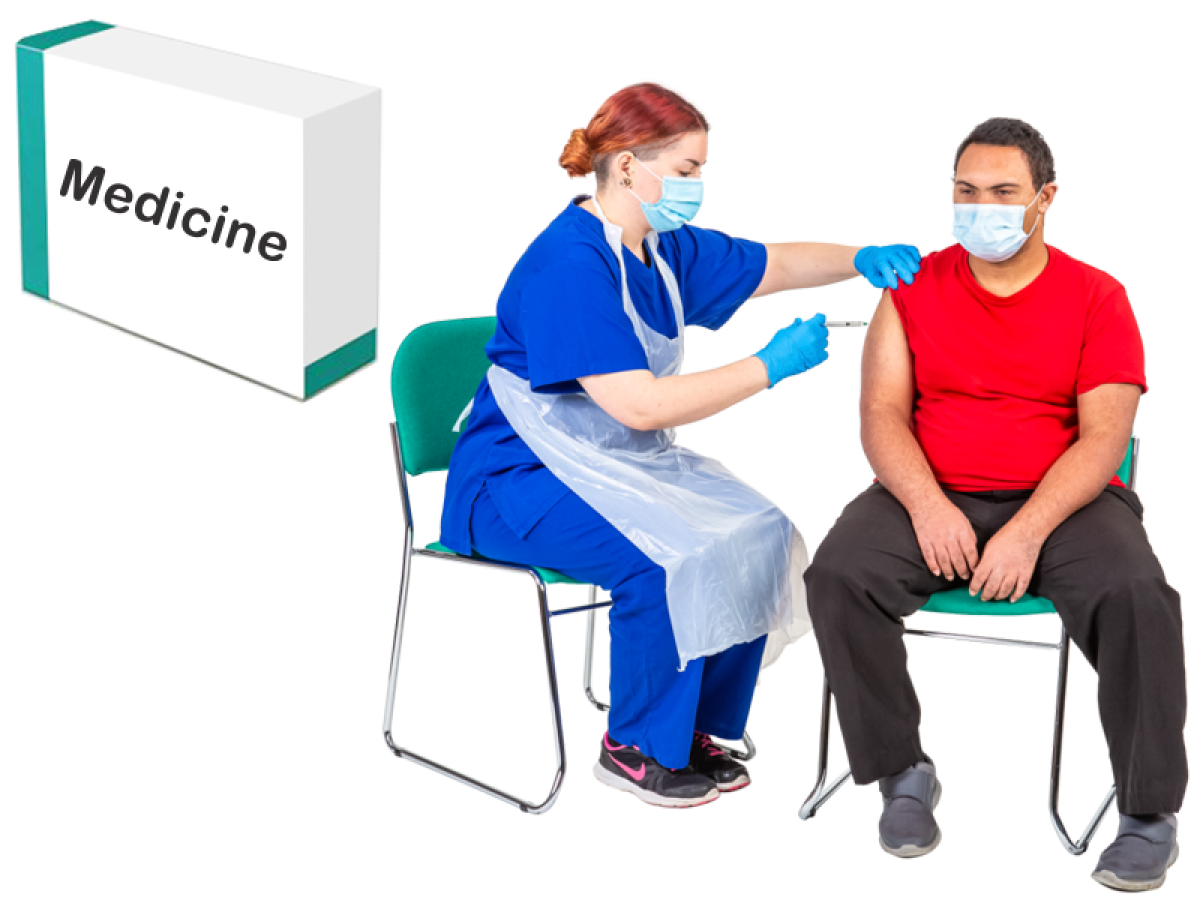 female health practitioner injecting male patient inset image shows medicine box