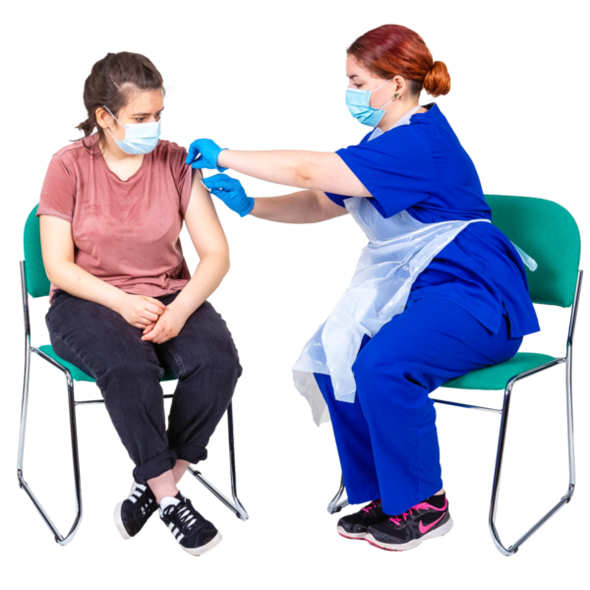 health practitioner injecting seated female patient