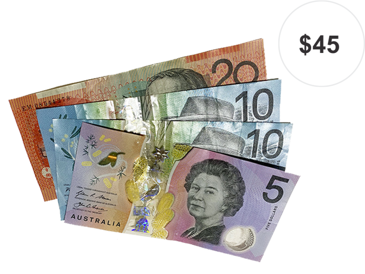 Australian money with inset image of $45