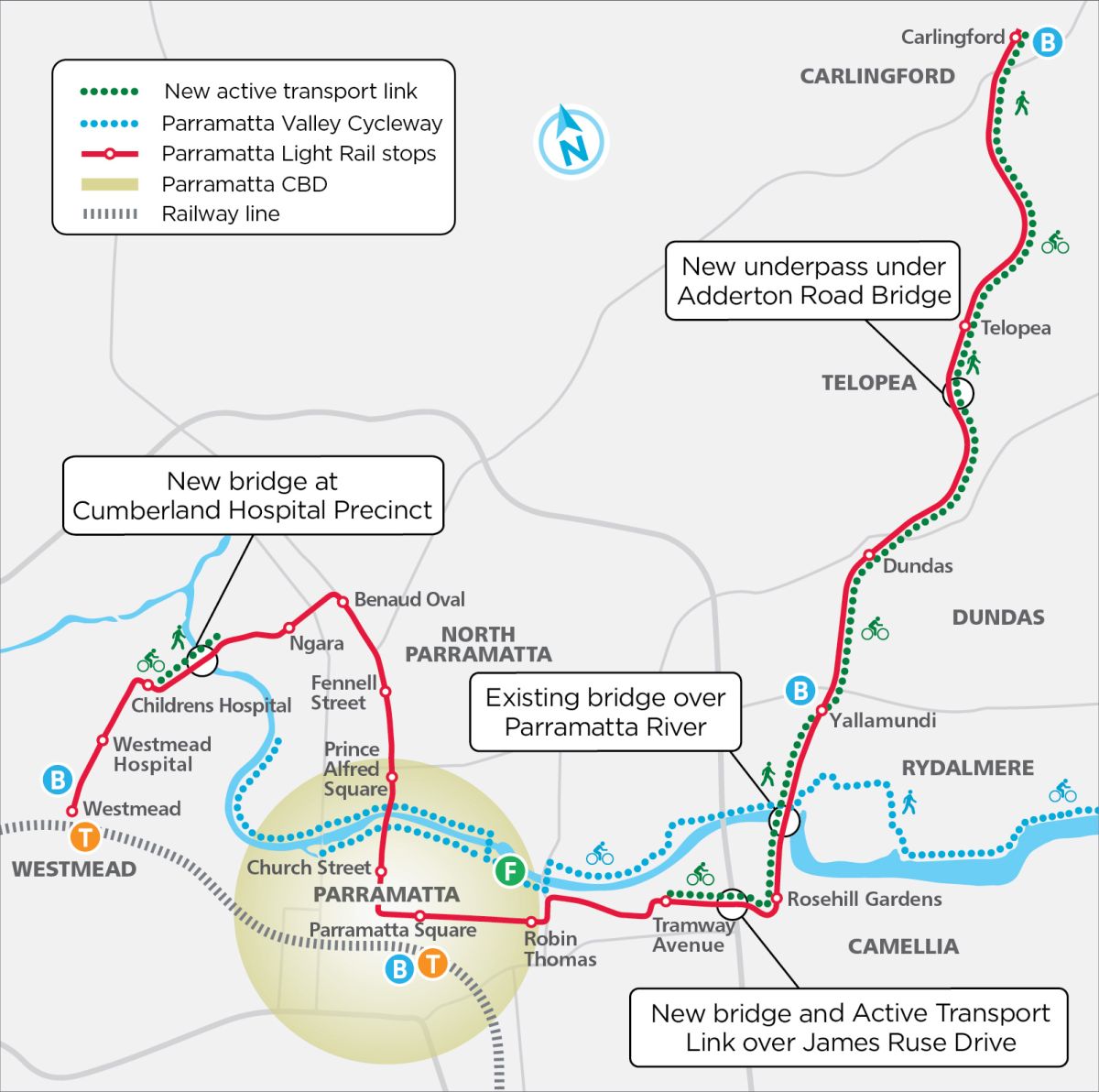 A static map that displays the Parramatta Light Rail route as well as the active transport link and Parramatta Valley cycleway.