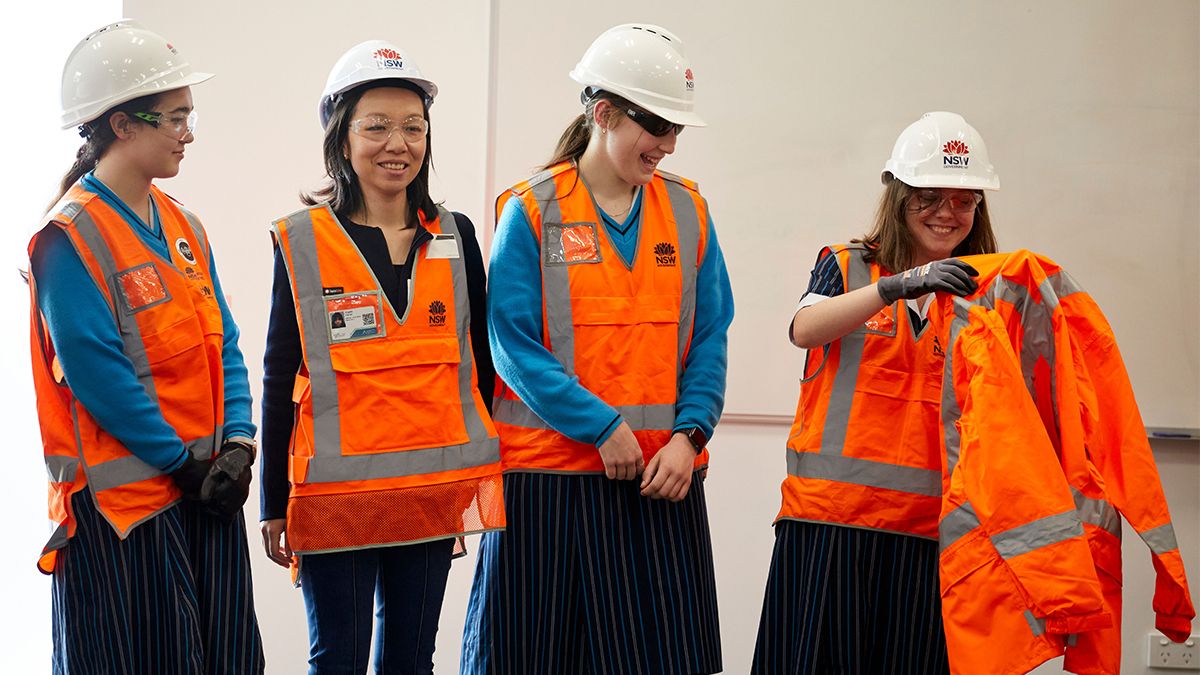 Parramatta Light Rail civil engineer Angela Farrell (second from left) visits students at Our Lady of Mercy College Parramatta.