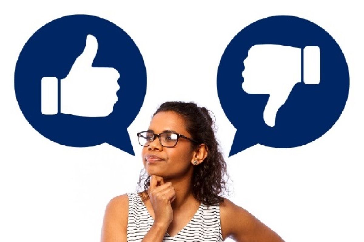 A picture of a woman thinking with a thumbs up and thumbs down speech bubbles above her head