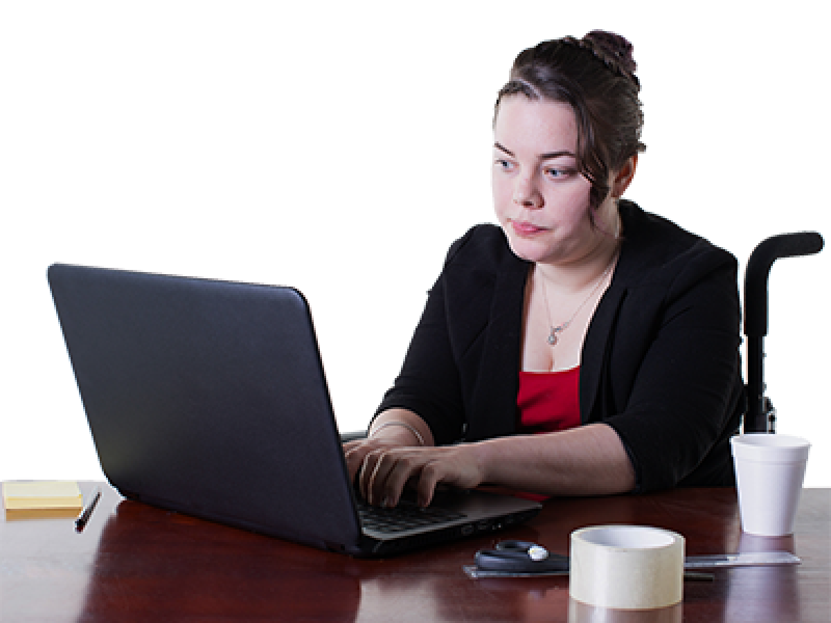 A person sitting at a laptop researching.