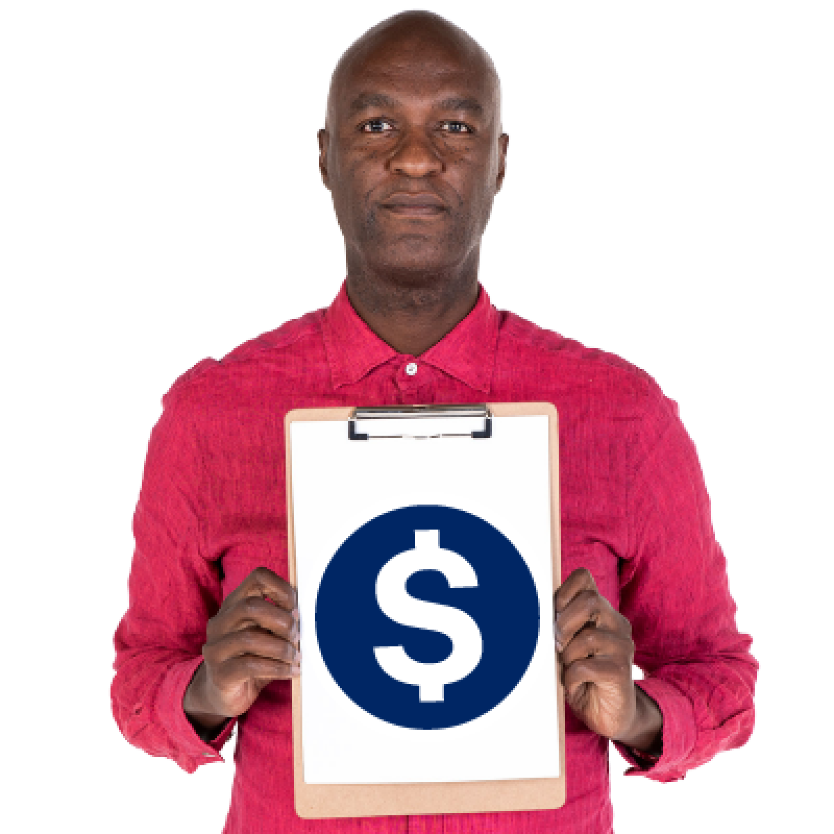 A person standing in a pink shirt holding a clipboard with a picture of a dollar sign.