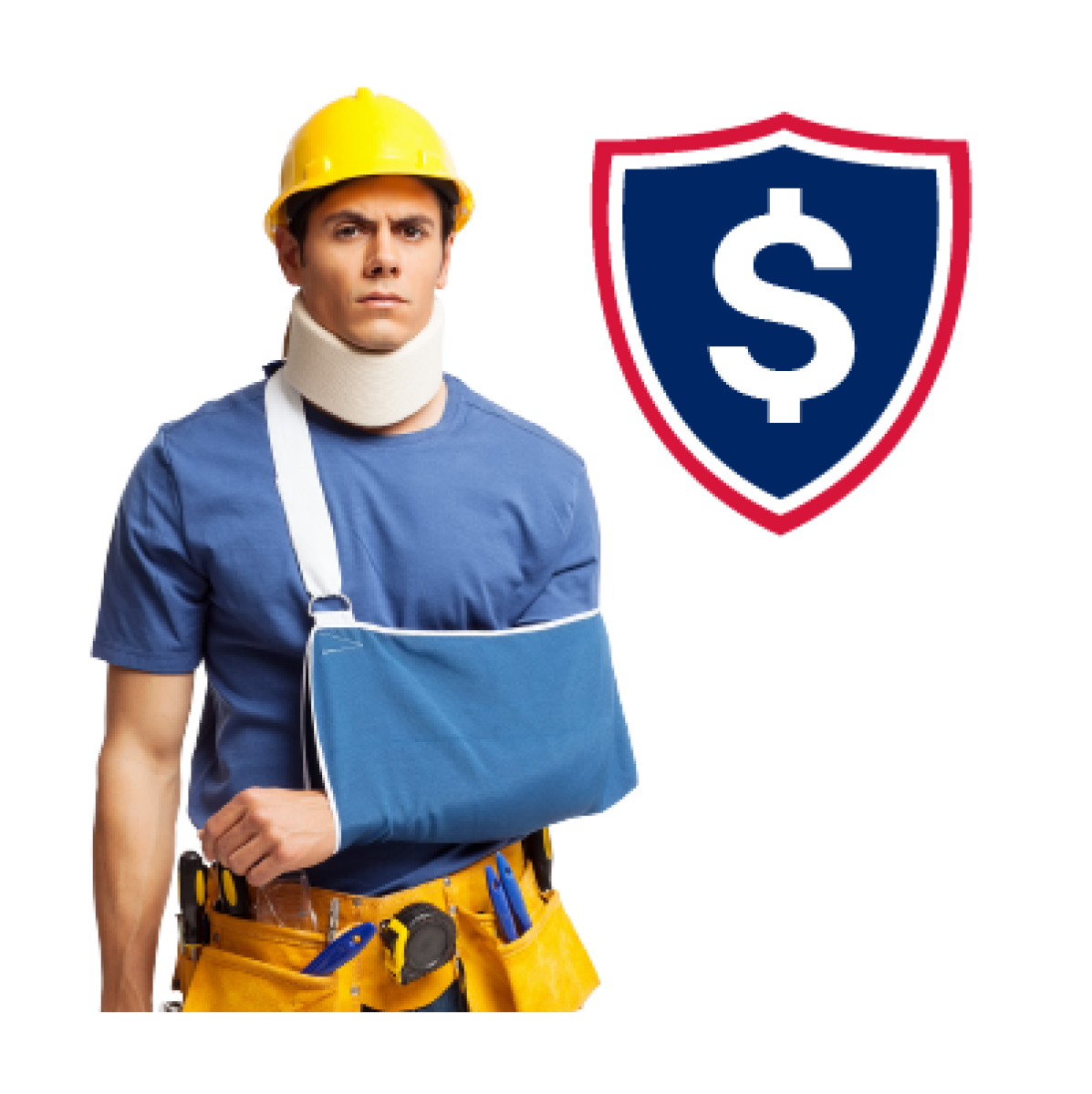 A person standing in a hard hat with an arm in a sling who has had the cost of caring for their injuries covered by their health insurance.