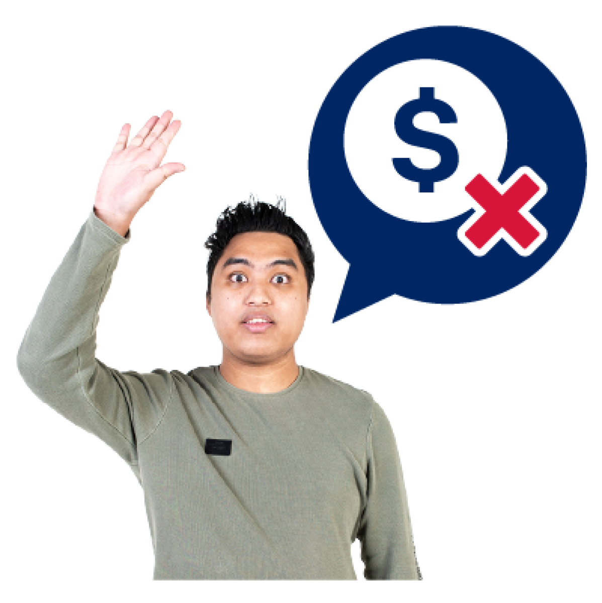 A person with a raised hand questioning the cost of an invoice.