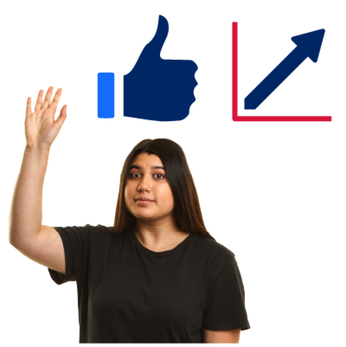 An image of a person with their hand raised to share feedback.