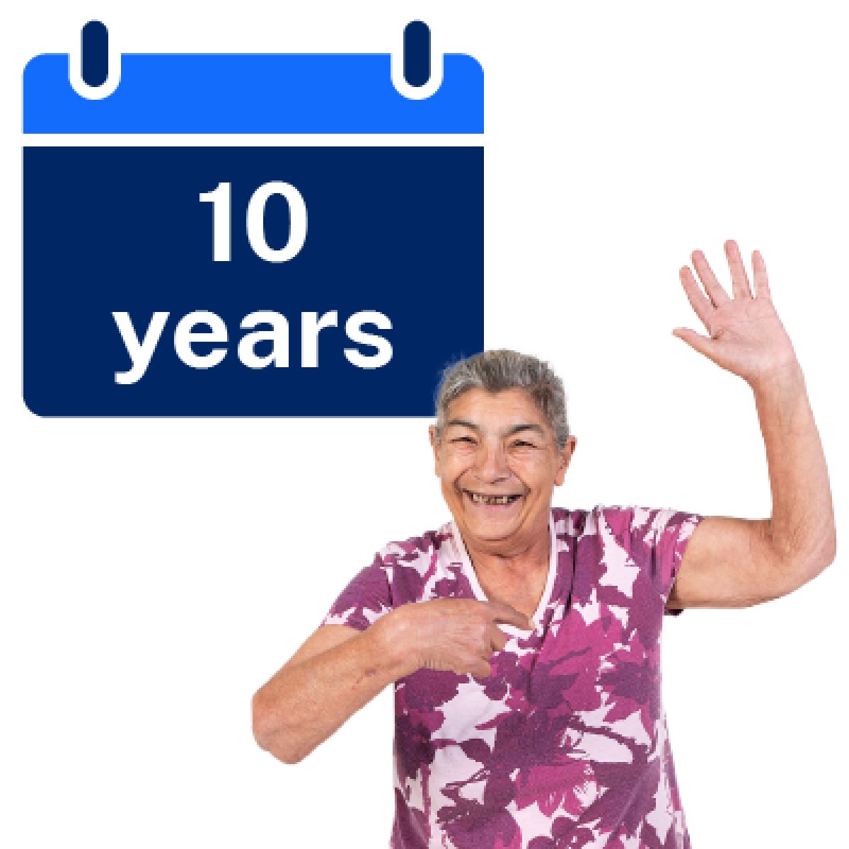 Elderly women over 21 years old holding hand up with 10 years sign