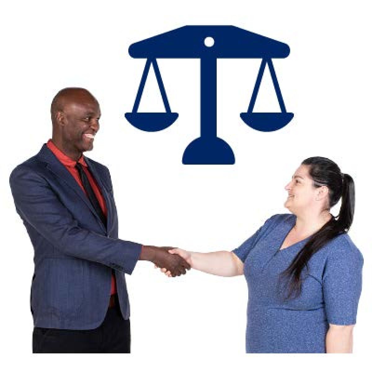 Scales of justice man and women shaking hands