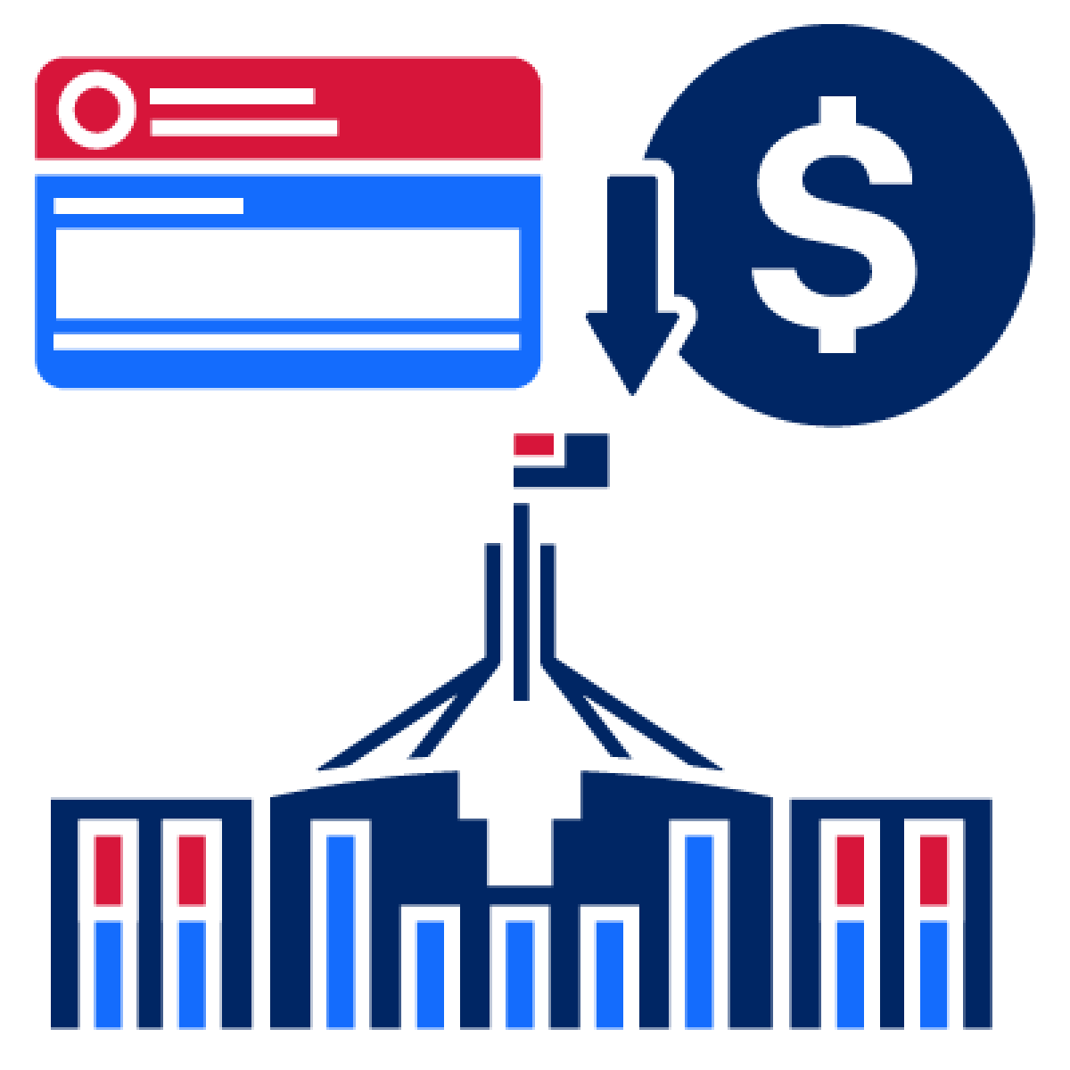 Government building and concession card and dollar sign