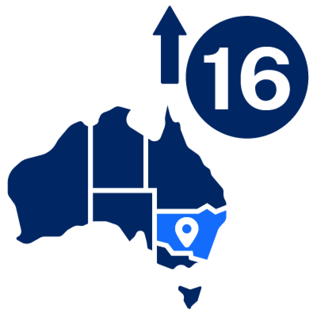 Map of NSW in Australia age sixteen sign and arrow indicating over