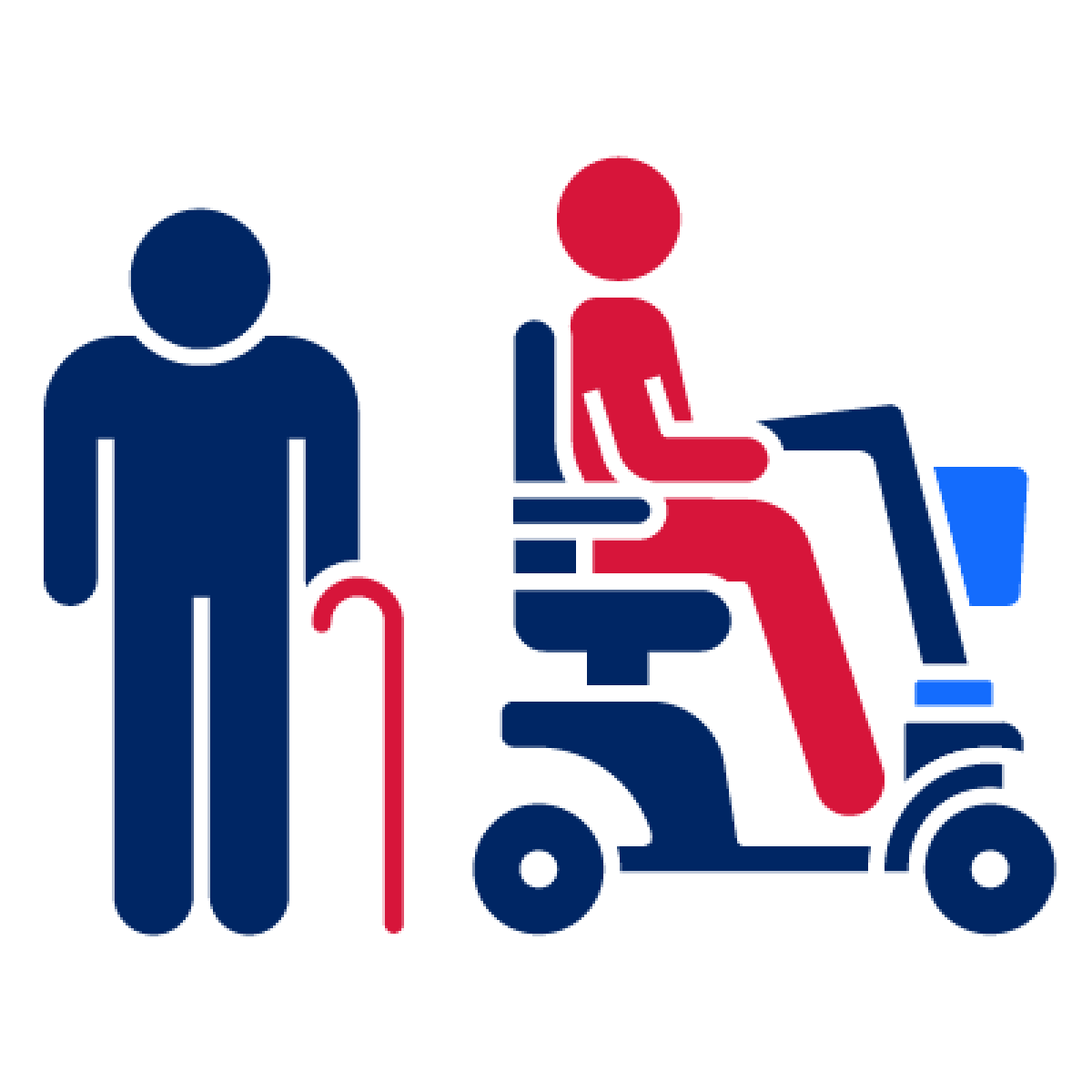 A person using a walking stick and another person using a motorised scooter to move.