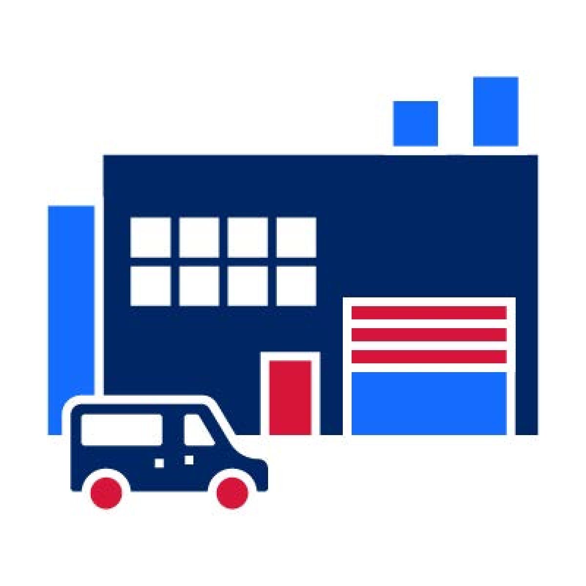 Pictogram of factory building blue and red door and van outside