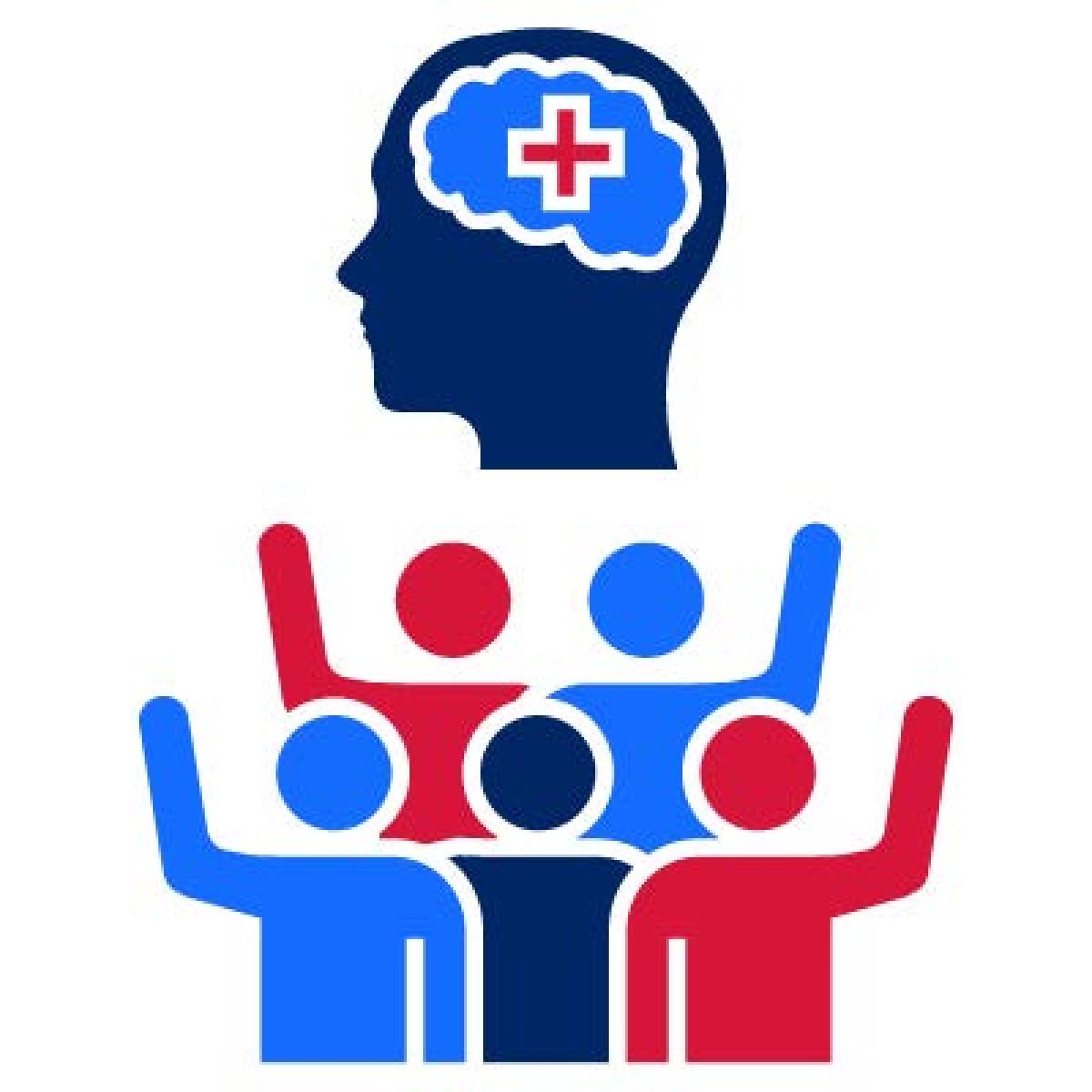 Pictogram of people putting their hands up and brain health sign