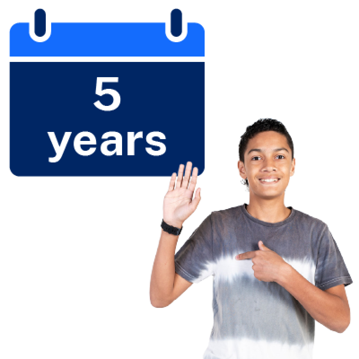 Under 21-year-old person with 5 years pointing to himself and hold hand up