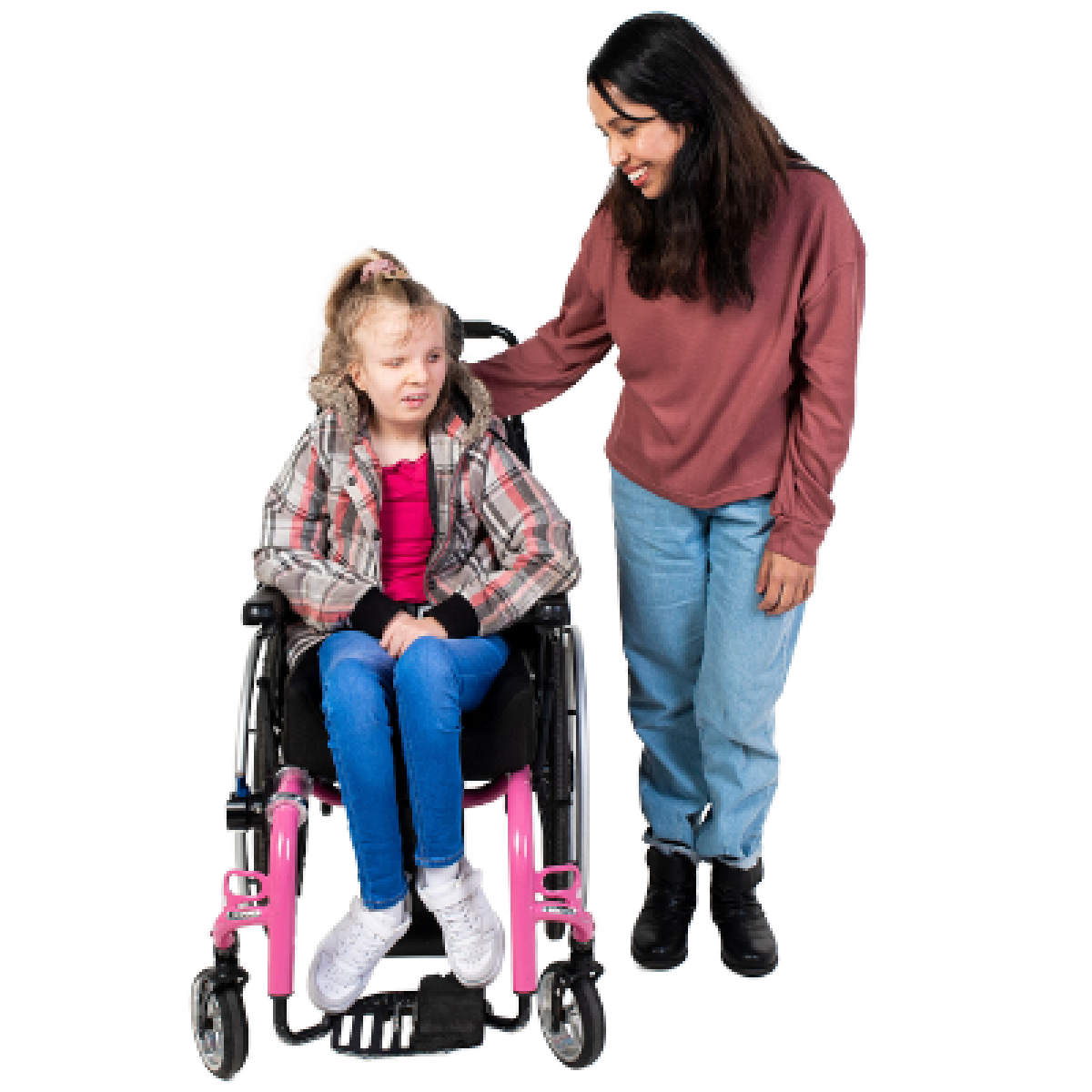 A young girl in her wheelchair with a parent.