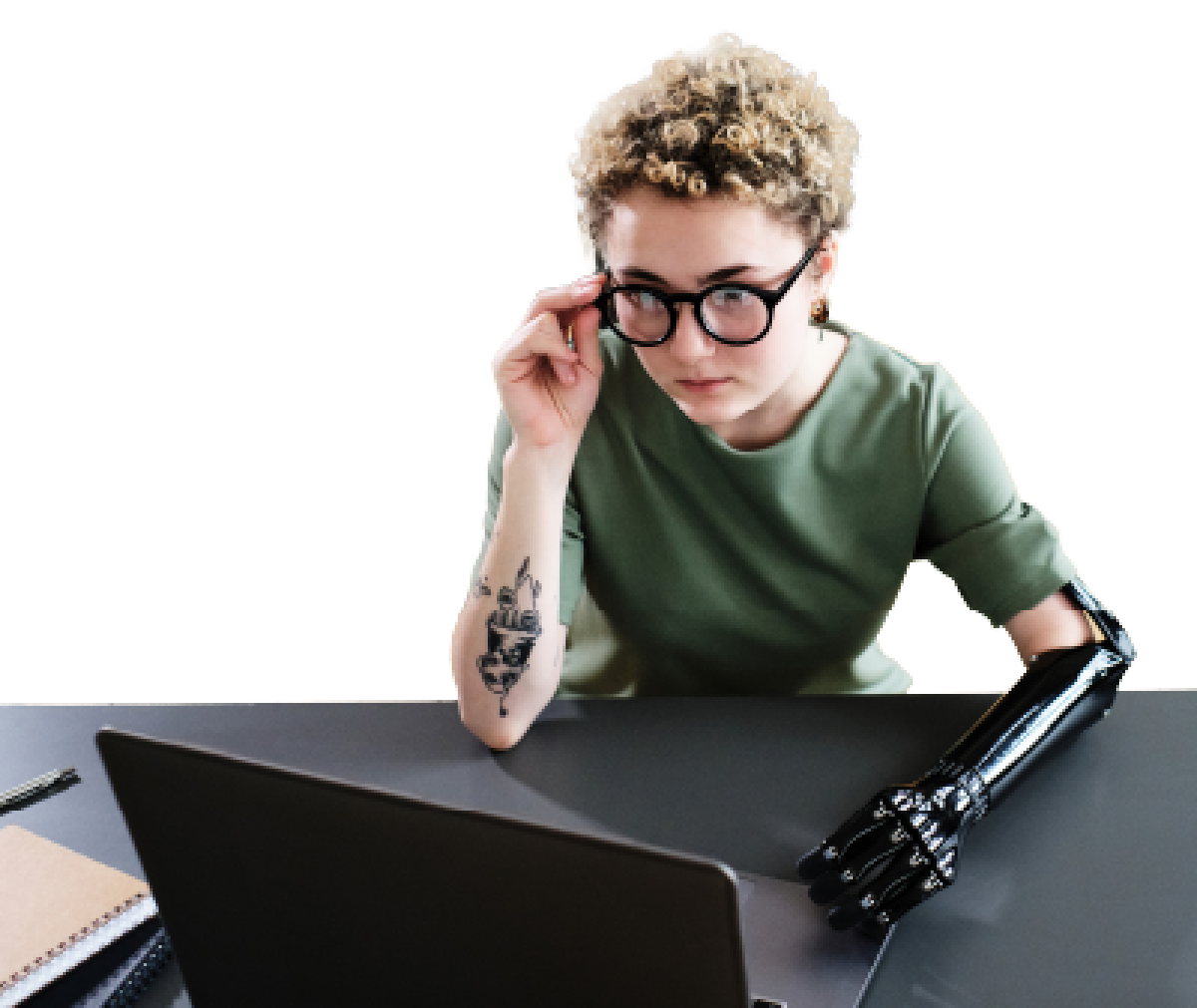 A woman looking at a computer