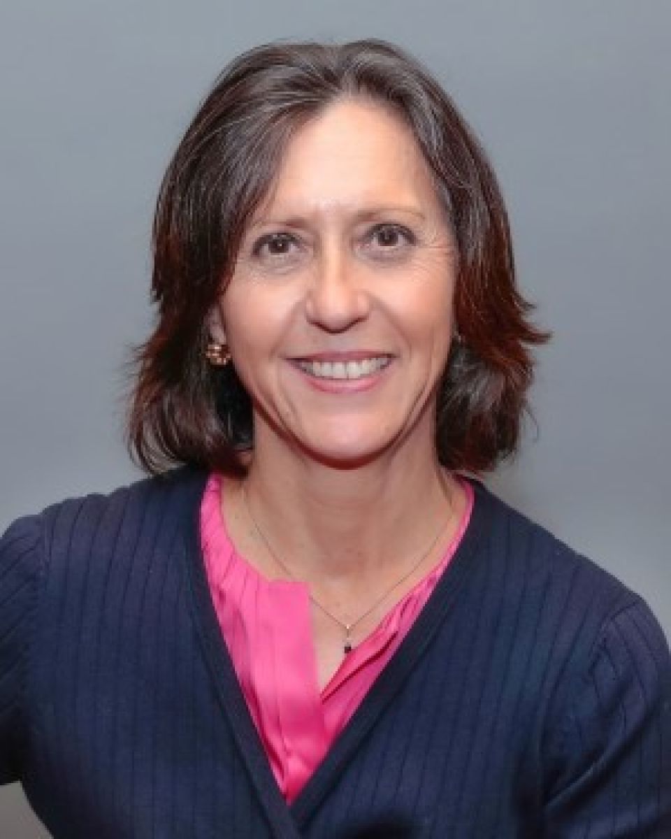 A woman with brown hair is staring at the camera and smiling. She is wearing a pink blouse with a navy blue jacket.