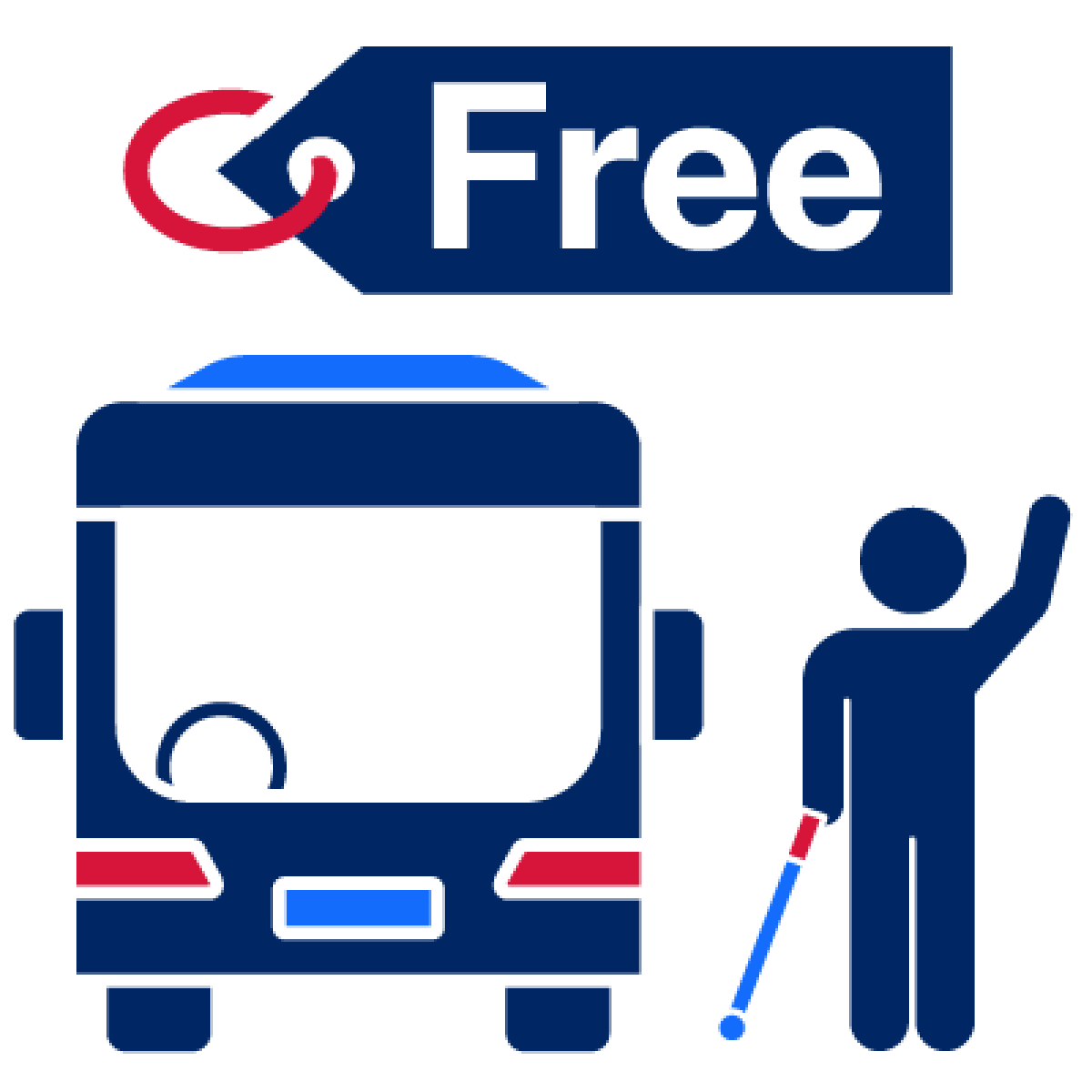 A vision impaired person holding a cane getting a bus that has a 'free' label above it