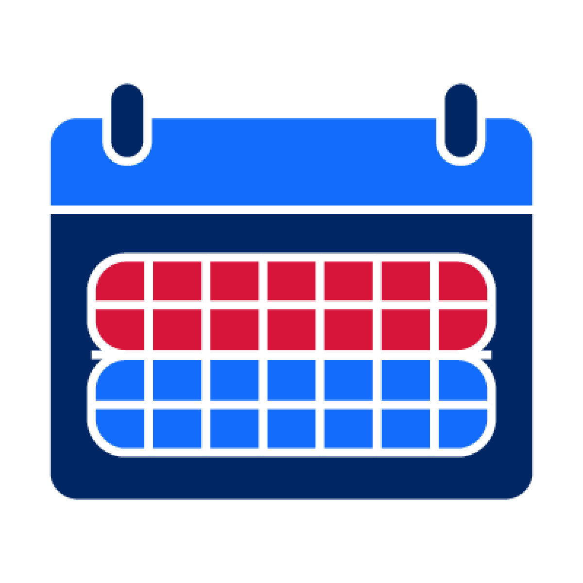 A calendar with half of the days highlighted in red and the other half highlighted in light blue.