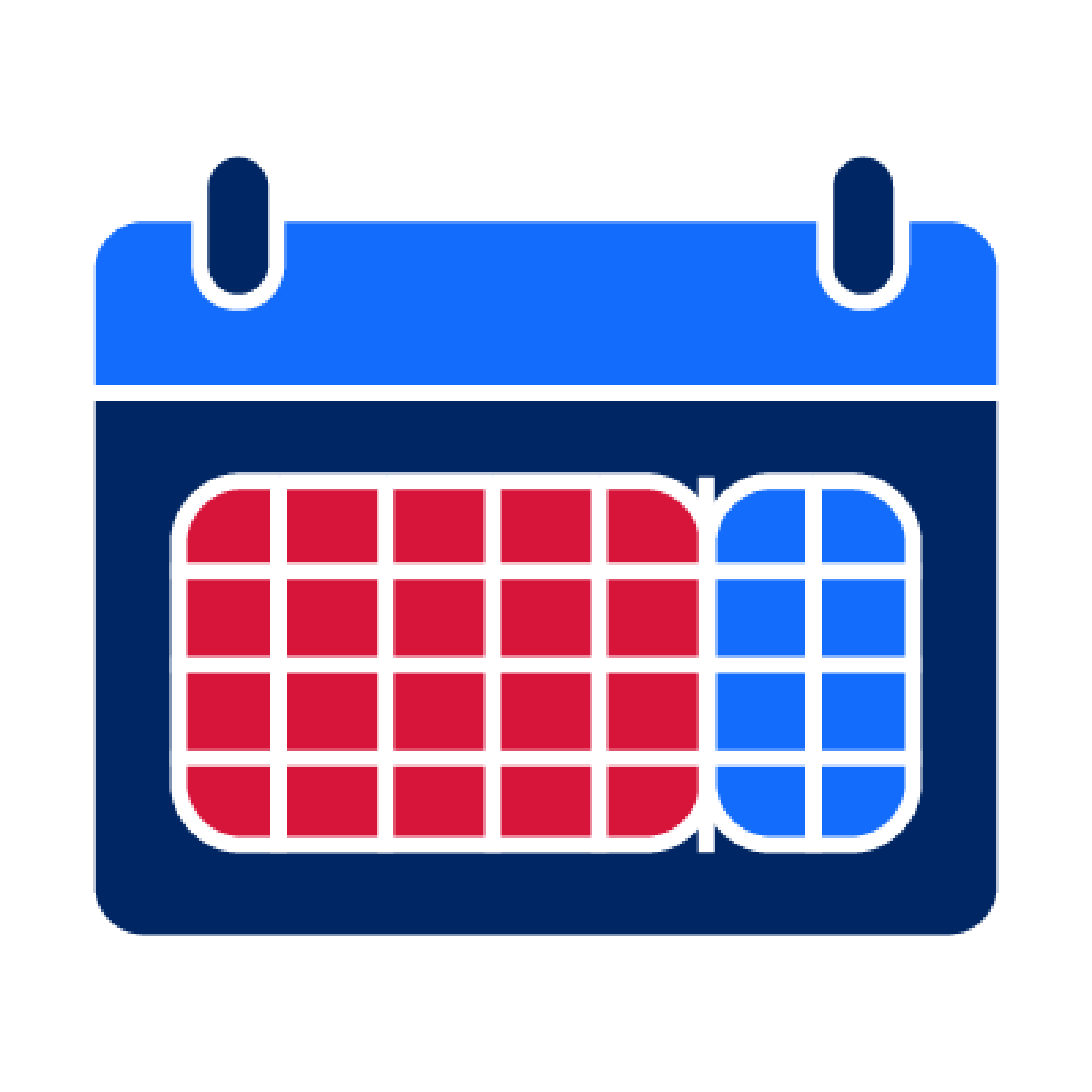 A calendar with the weekdays highlighted in red and weekends highlighted in light blue.