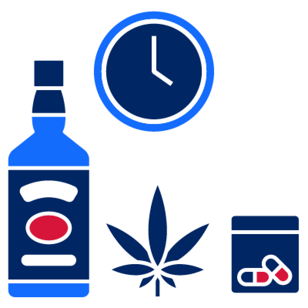 A clock, a whiskey bottle, a marijuana leaf, and a zip lock bag with 2 pills in it.