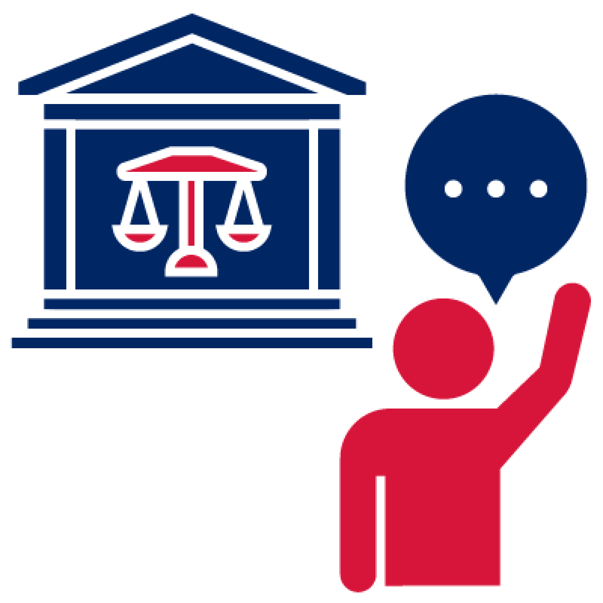 A court icon and a person raising their hand with a speech bubble above them.