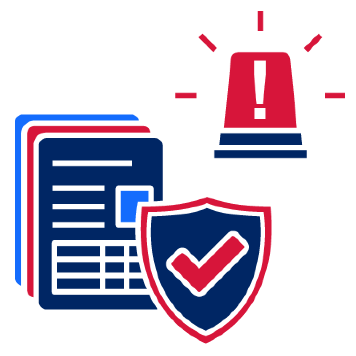 A stack of documents with a safety icon. There is an emergency icon above them.