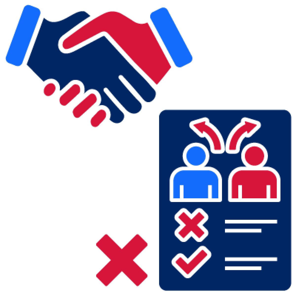 A handshake icon and a parenting order document with a cross next to it.