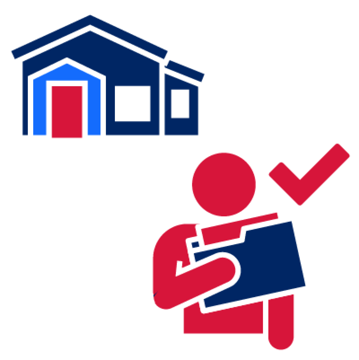 A house icon, a person holding a folder outside the house and a tick.