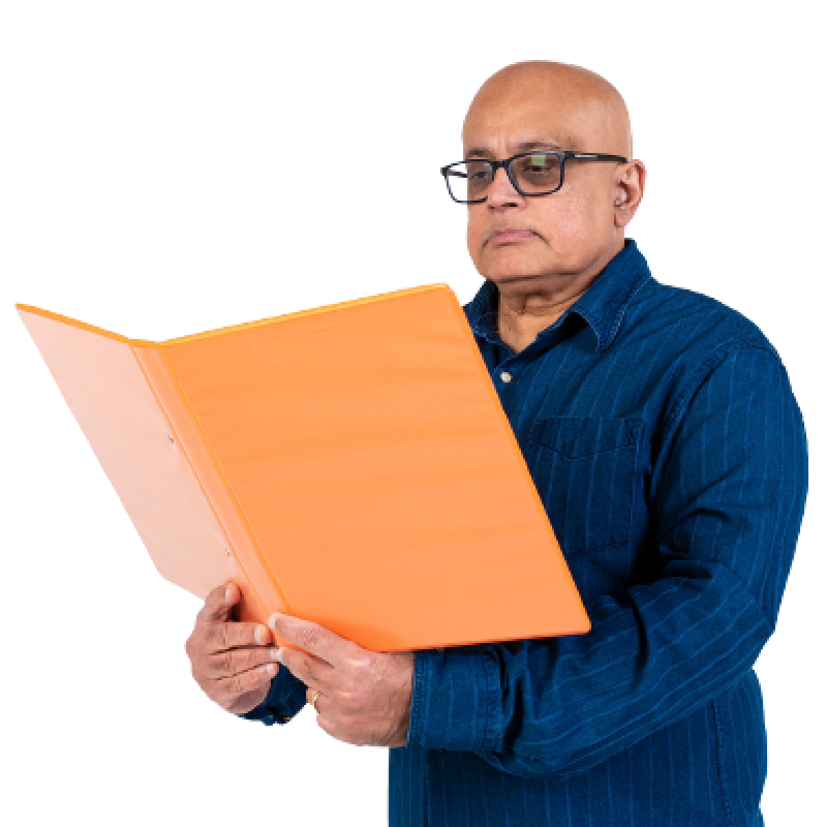 A person reading a document from a folder.